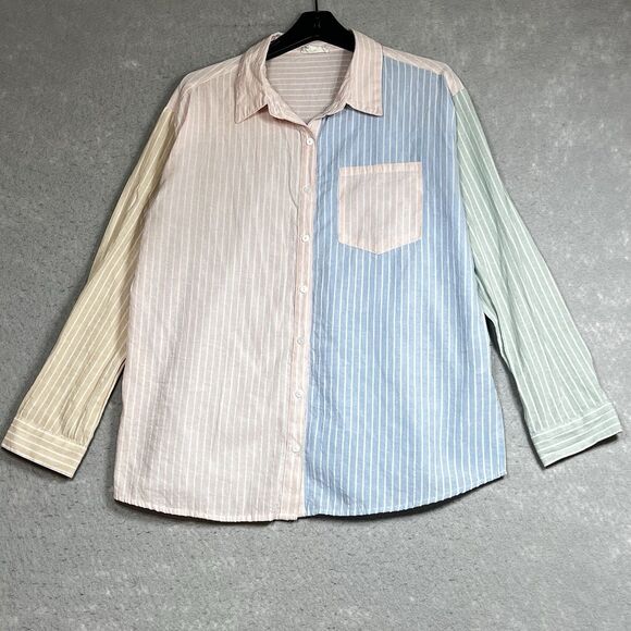 entro Tops - Entro Button Down Top Womens Large Multicolored Colorblock Stripe Button Down